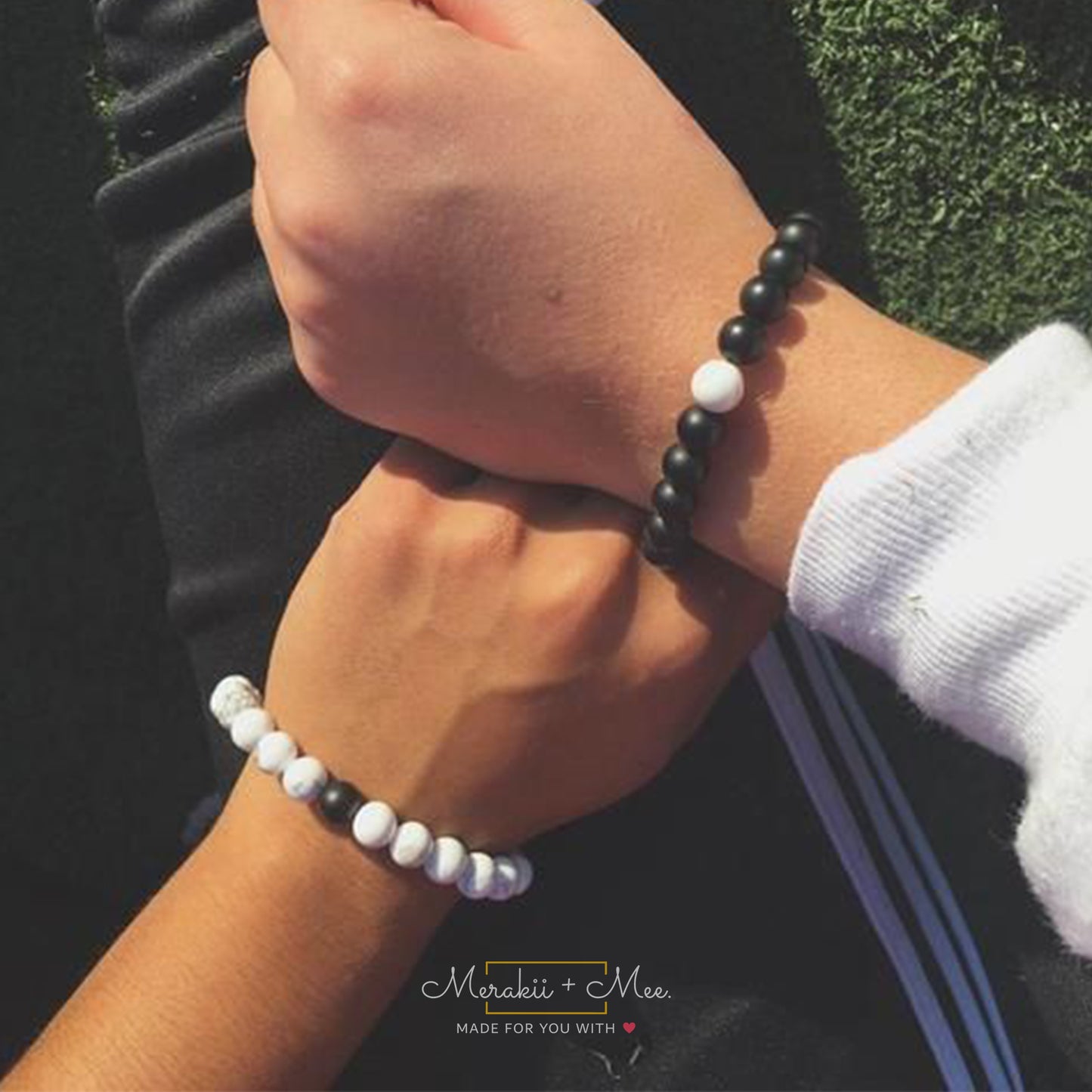 Couple Distance Relationship Bead Bracelets | Black  & White Matte Agate Beads