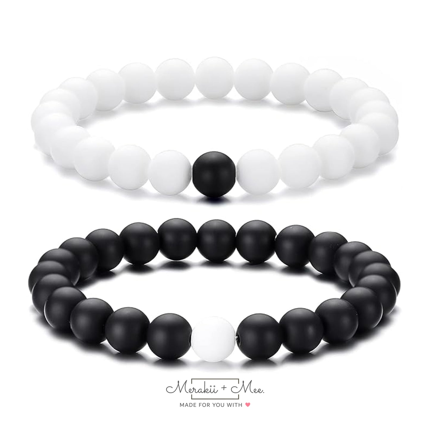 Couple Distance Relationship Bead Bracelets | Black  & White Matte Agate Beads