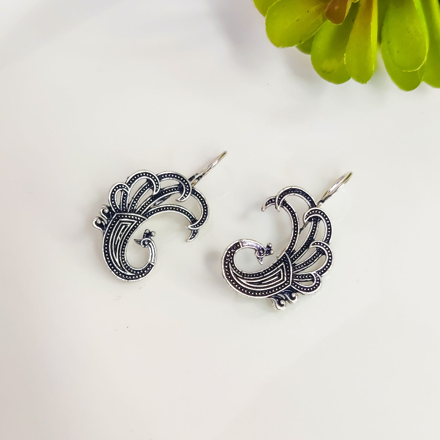 Antique Silver Peacock Bliss Drop Earrings