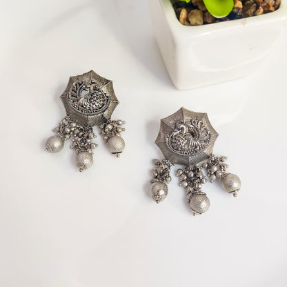 Bohemian Matte Silver Sphere Peacock Dangle Earrings