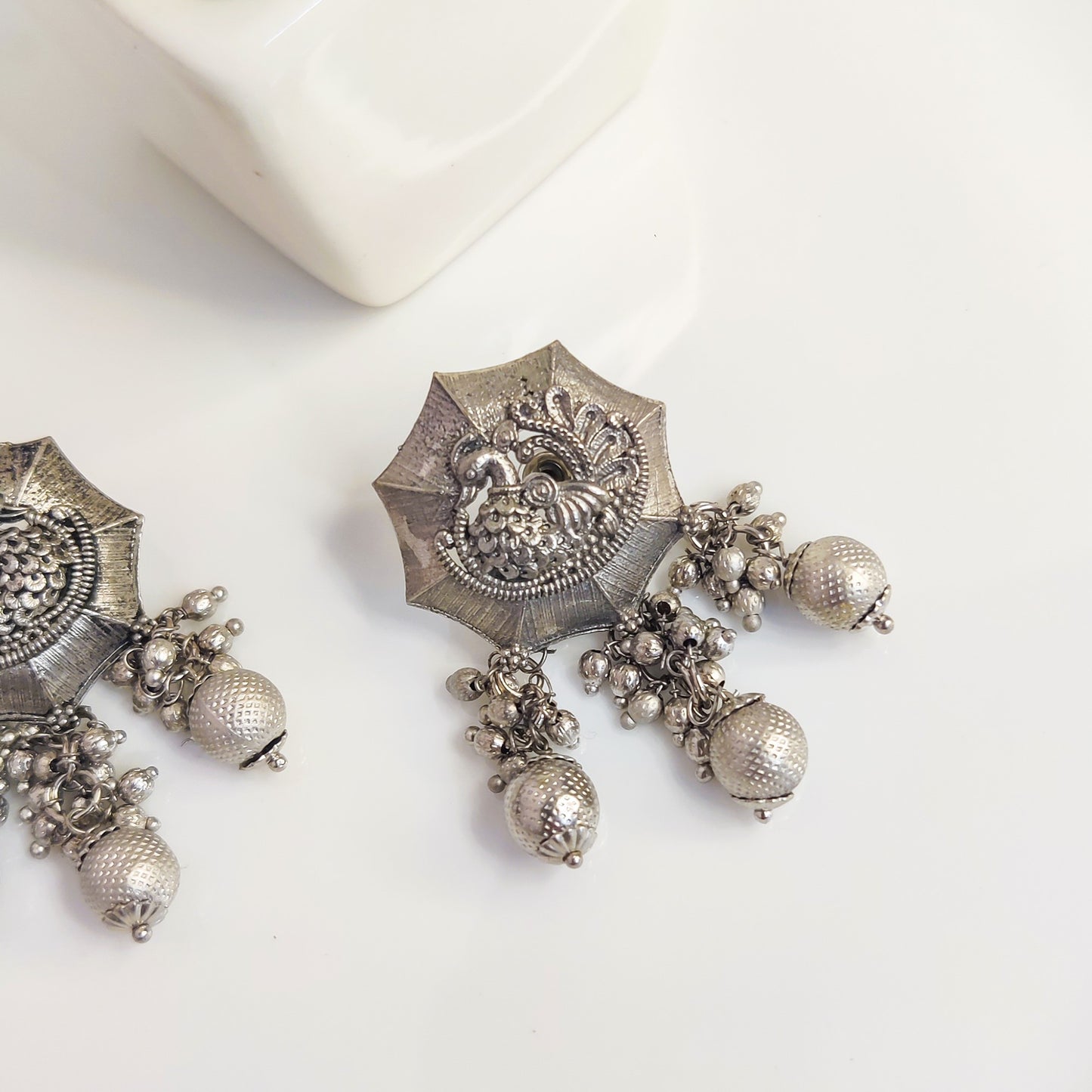 Bohemian Matte Silver Sphere Peacock Dangle Earrings