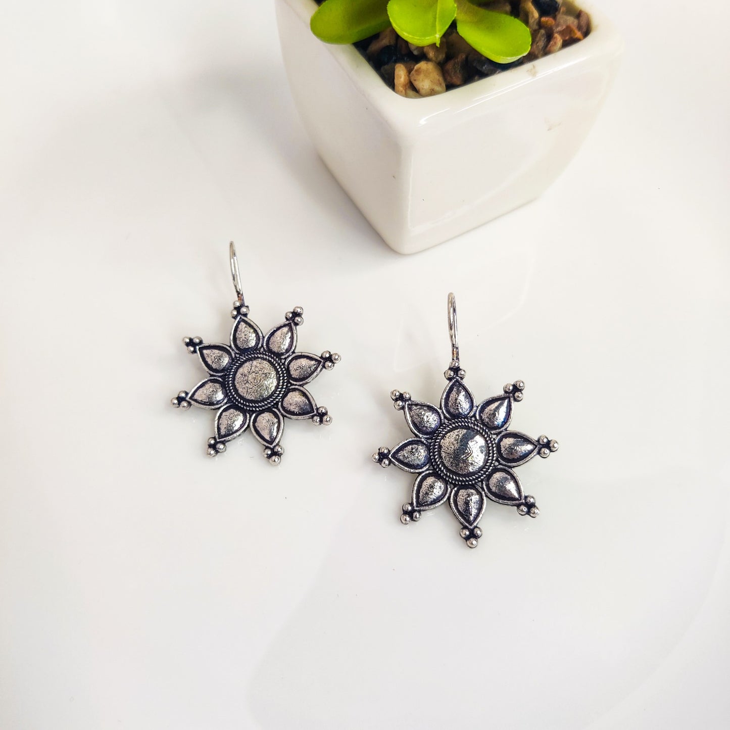 Antique Silver Blossom Drop Earrings