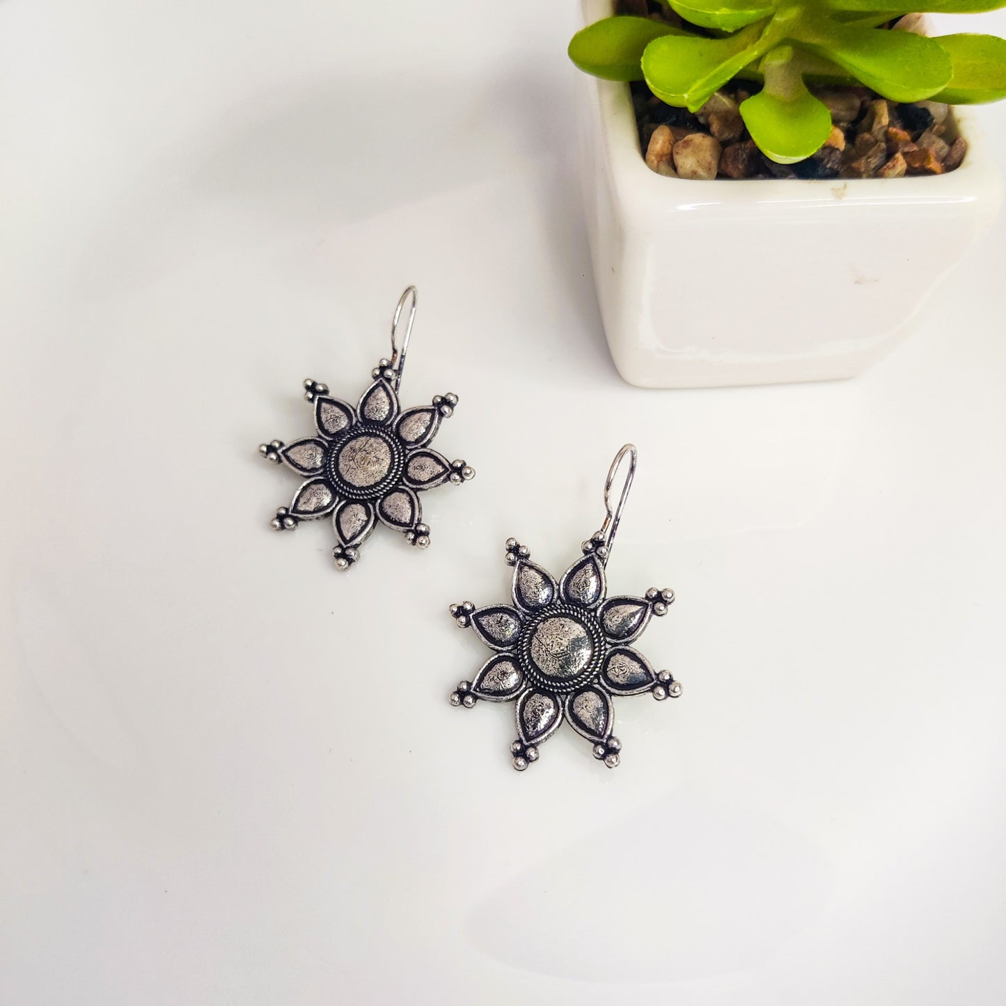 Antique Silver Blossom Drop Earrings