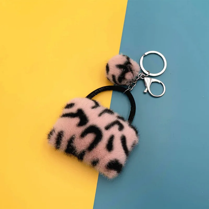 Leopard Print Plush Bag Keychain – Cute Fluffy Purse Charm