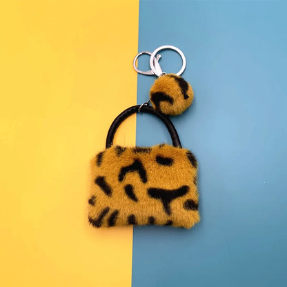 Leopard Print Plush Bag Keychain – Cute Fluffy Purse Charm