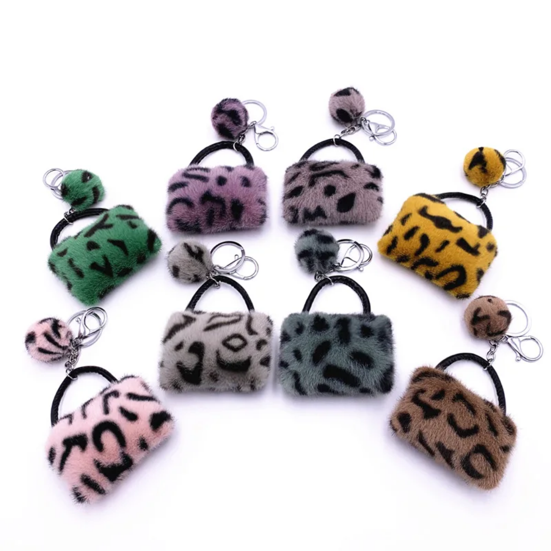 Leopard Print Plush Bag Keychain – Cute Fluffy Purse Charm