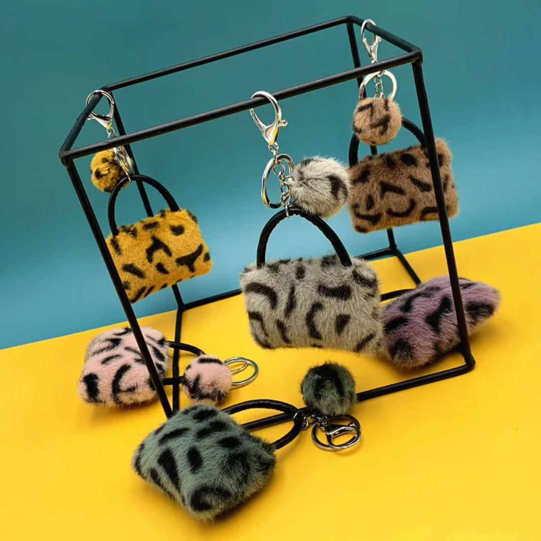 Leopard Print Plush Bag Keychain – Cute Fluffy Purse Charm