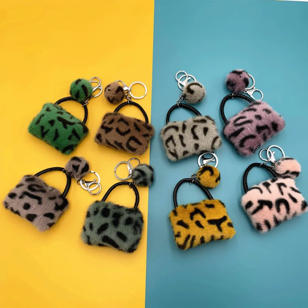 Leopard Print Plush Bag Keychain – Cute Fluffy Purse Charm