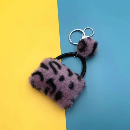 Leopard Print Plush Bag Keychain – Cute Fluffy Purse Charm