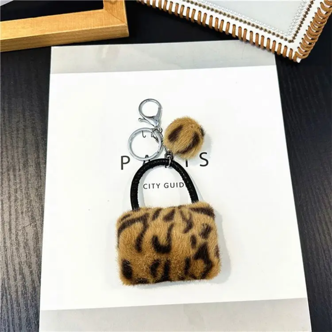 Leopard Print Plush Bag Keychain – Cute Fluffy Purse Charm