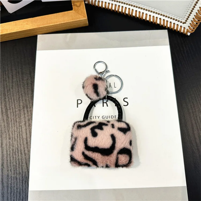 Leopard Print Plush Bag Keychain – Cute Fluffy Purse Charm