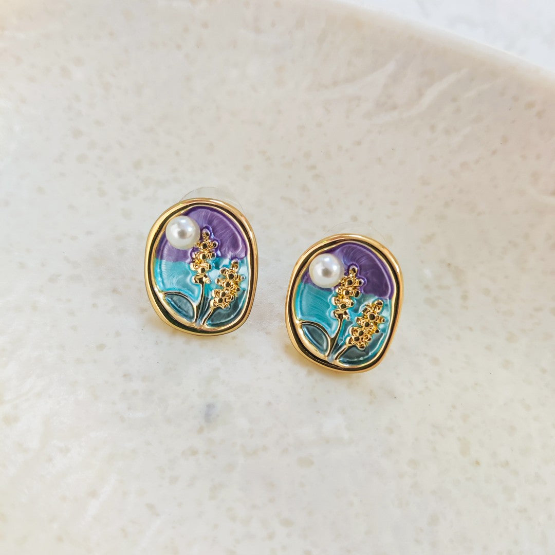 Meadow Field Enamel Art Floral Stud Earrings