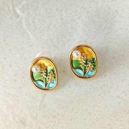 Meadow Field Enamel Art Floral Stud Earrings