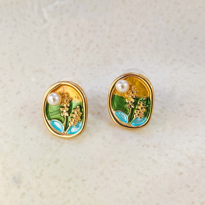 Meadow Field Enamel Art Floral Stud Earrings