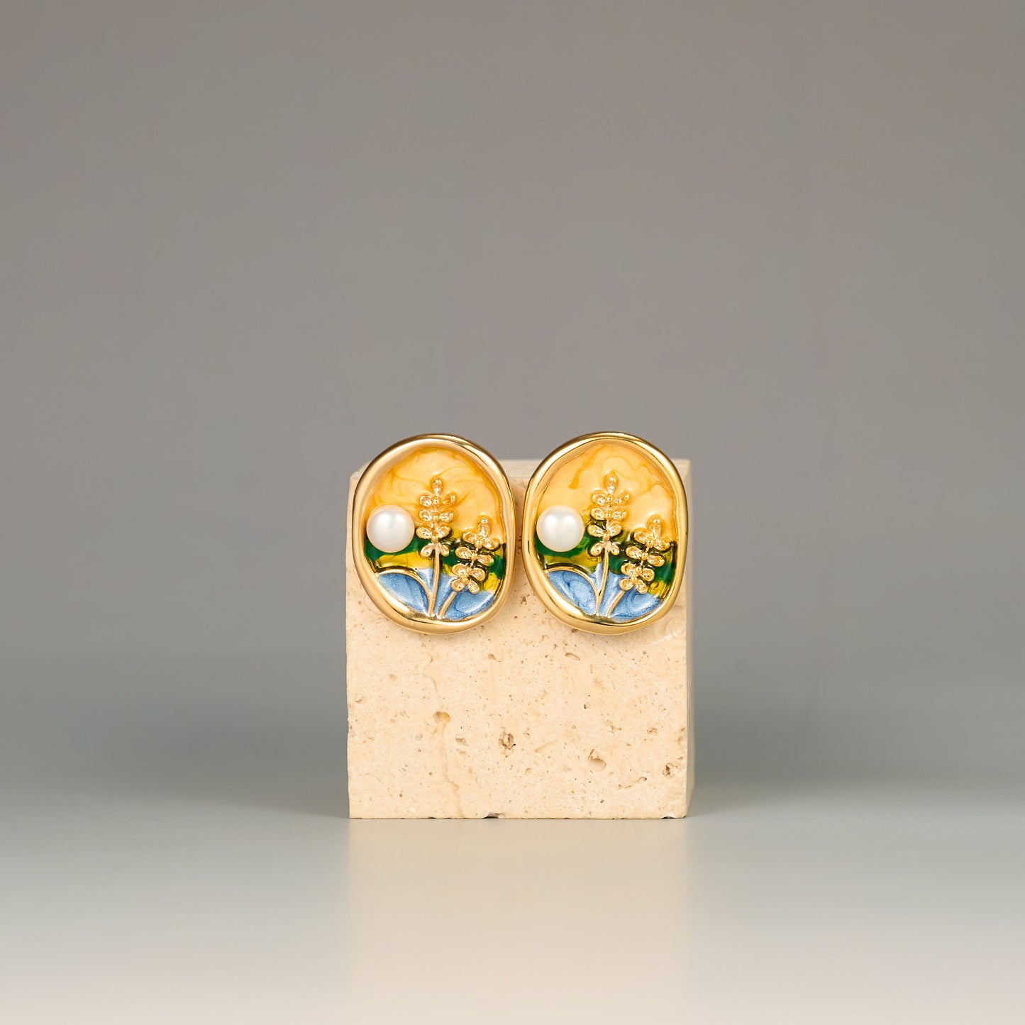 Meadow Field Enamel Art Floral Stud Earrings