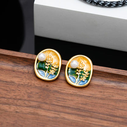 Meadow Field Enamel Art Floral Stud Earrings