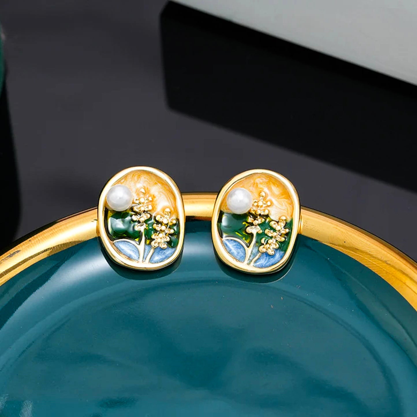 Meadow Field Enamel Art Floral Stud Earrings