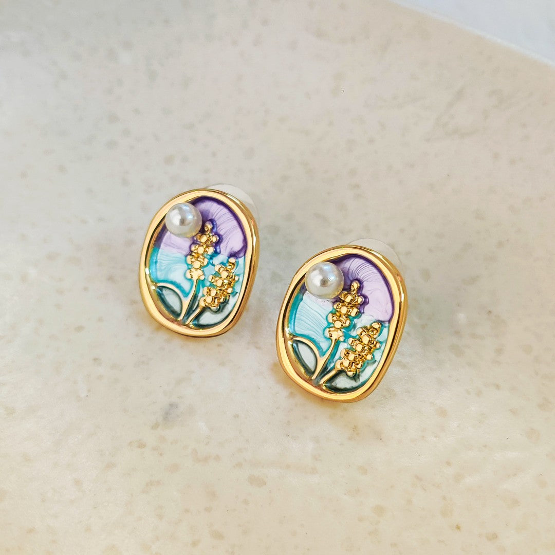 Meadow Field Enamel Art Floral Stud Earrings