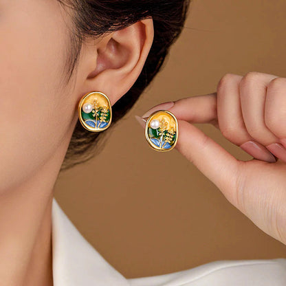 Meadow Field Enamel Art Floral Stud Earrings