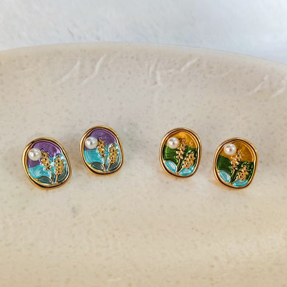 Meadow Field Enamel Art Floral Stud Earrings