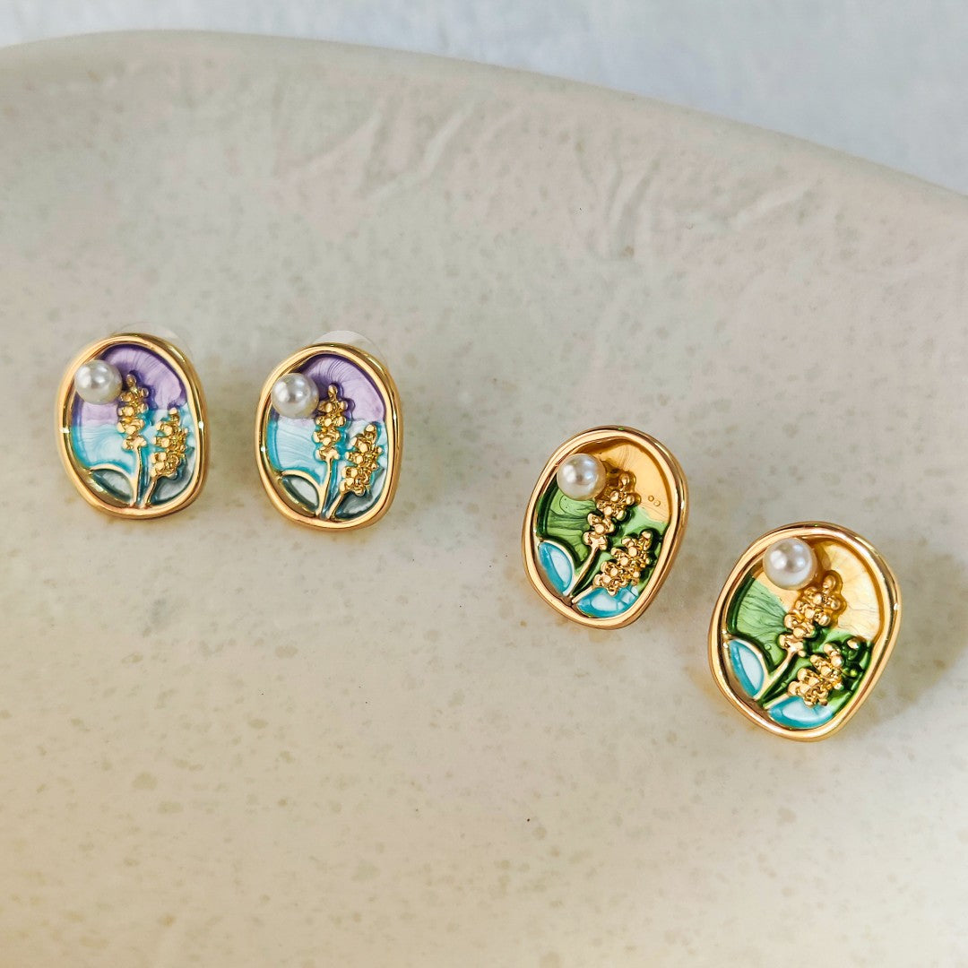 Meadow Field Enamel Art Floral Stud Earrings