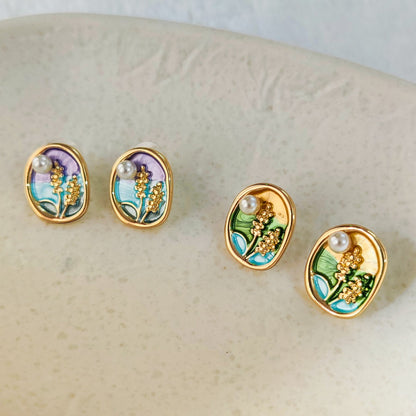 Meadow Field Enamel Art Floral Stud Earrings