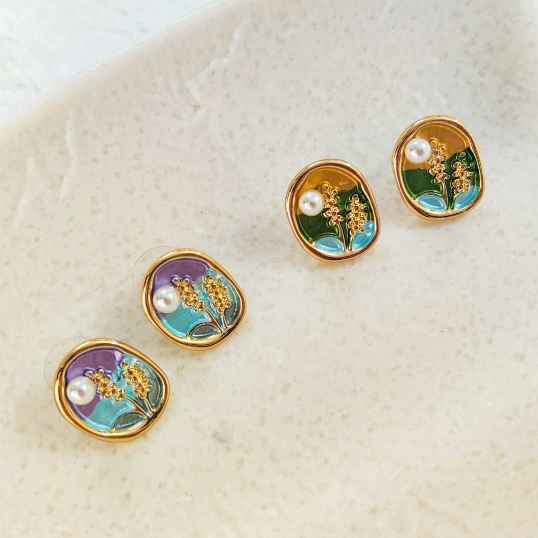 Meadow Field Enamel Art Floral Stud Earrings