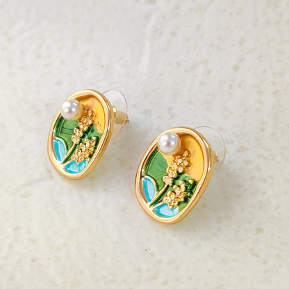 Meadow Field Enamel Art Floral Stud Earrings